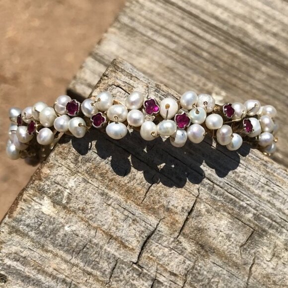 Austro Hungarian AAA Ruby Pearl Gilded Sterling Silver Bracelet Rare Antique 925 - Picture 4 of 10